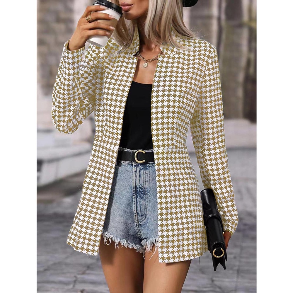 Notched Collar Houndstooth Print Open Front Peaco… - image 7